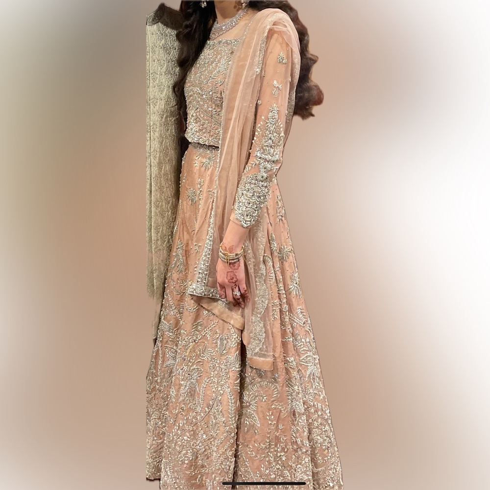 Pastel pink bridal Lengha with silver handwork embroidery with bag and bangles